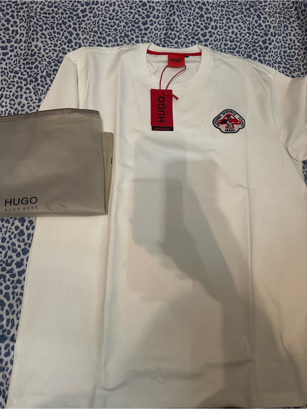 HUGO White Crewneck Tee with Red Logo Patch